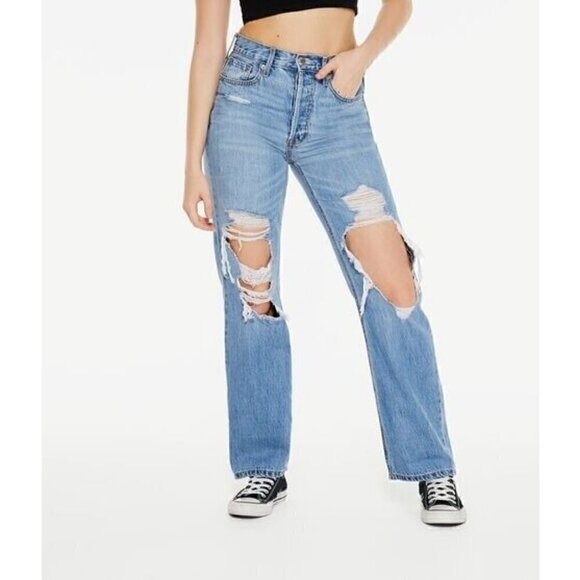 Aeropostale 90s Baggy blue super high rise wide leg deconstructed jeans Womens 4 - Picture 4 of 16